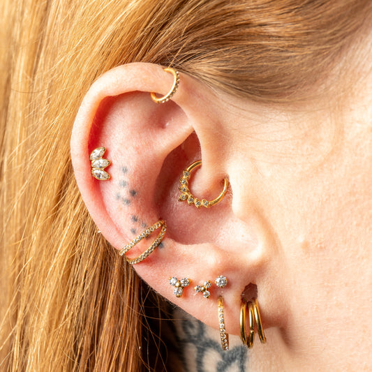 Close Up of ear curation with Liana Daith Ring from Cura Piercing Jewellery