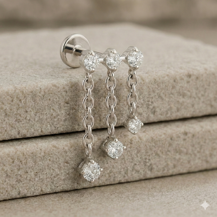 Caterina - Titanium Triple Dangle Chain Stud – hypoallergenic piercing jewellery by Cura