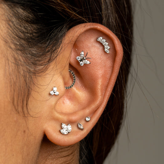 Close-up of an ear with multiple cartilage earrings on a neutral background showcaseing Bella butterfly stud