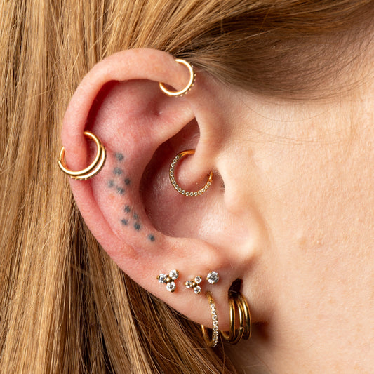Close-up of an ear with multiple gold earrings with Daith and Helix piercing