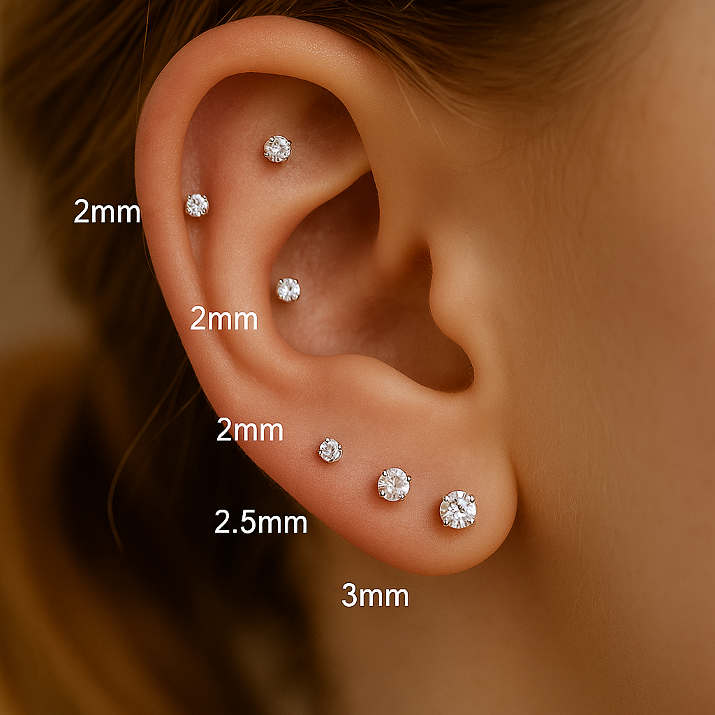 Ear with earrings of different sizes labeled on an ear.